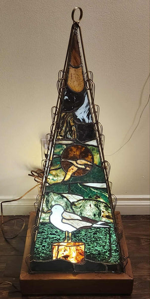 Large 39" Custom Handmade Seagulls Nautical Ocean Seascape Leaded Slag Glass Pyramidal Lamp