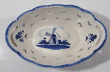 Beautiful Vintage Delft Blue Hand Painted Holland Windmill Scene With Heart Holes Double Handled Porcelain Basket