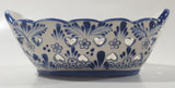 Beautiful Vintage Delft Blue Hand Painted Holland Windmill Scene With Heart Holes Double Handled Porcelain Basket