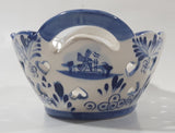 Beautiful Vintage Delft Blue Hand Painted Holland Windmill Scene With Heart Holes Double Handled Porcelain Basket