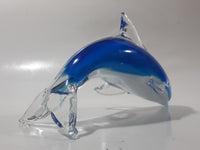 Murano Style Art Glass Clear and Fading Blue and White 6 1/2" Long Dolphin Sculpture Ornament