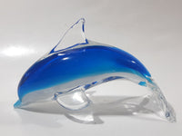 Murano Style Art Glass Clear and Fading Blue and White 6 1/2" Long Dolphin Sculpture Ornament