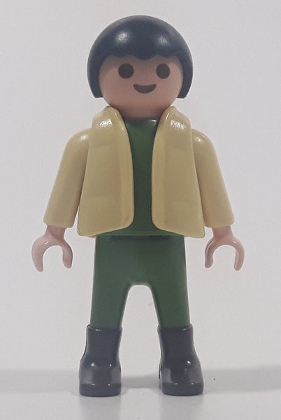 1992 Geobra Playmobil Small Black Hair Child Army Green Pants and Shirt with Beige Vest 2 1/8" Tall Toy Figure