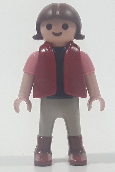 1992 Geobra Playmobil Small Brunette Girl Child Grey Pants Pink and Black Shirt with Magenta Vest 2 1/8" Tall Toy Figure