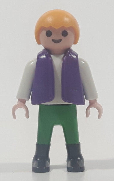 1992 Geobra Playmobil Small Blonde Girl Child Green Pants White Shirt with Purple Vest 2 1/8" Tall Toy Figure