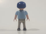 1995 Geobra Playmobil Small Blonde Boy Child Brown and Grey Overalls Light Blue Shirt Blue Hat 2 1/8" Tall Toy Figure