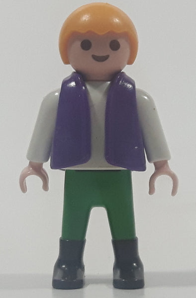 1992 Geobra Playmobil Small Blonde Girl Child Green Pants White Shirt with Purple Vest 2 1/8" Tall Toy Figure