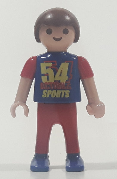 1995 Geobra Playmobil Small Brunette Boy Child Red Pants Dark Blue and Red Sleeved 54 Action Sports Shirt 2 1/8" Tall Toy Figure