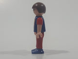 1995 Geobra Playmobil Small Brunette Boy Child Red Pants Dark Blue and Red Sleeved 54 Action Sports Shirt 2 1/8" Tall Toy Figure