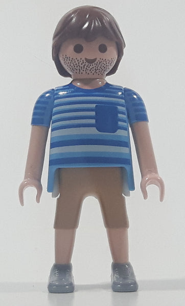 2010 Geobra Playmobil Brown Hair Stubble Beard Mixed Blue Striped Shirt Brown Capri Pants 2 3/4" Tall Toy Figure