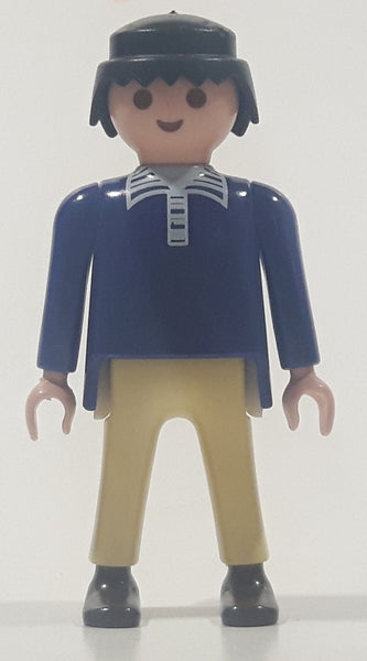 1990 Geobra Playmobil Black Hair Cream Pants Blue Shirt 2 3/4" Tall Toy Figure