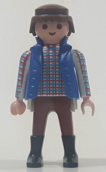1992 Geobra Playmobil Brown Hair Brown Pants White Blue and Red Plaid Shirt with Blue Vest 2 3/4" Tall Toy Figure