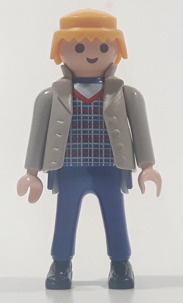1992 Geobra Playmobil Blonde Hair Blue Pants Grey Blue and Red Plaid Shirt with Grey Jacket 2 3/4" Tall Toy Figure