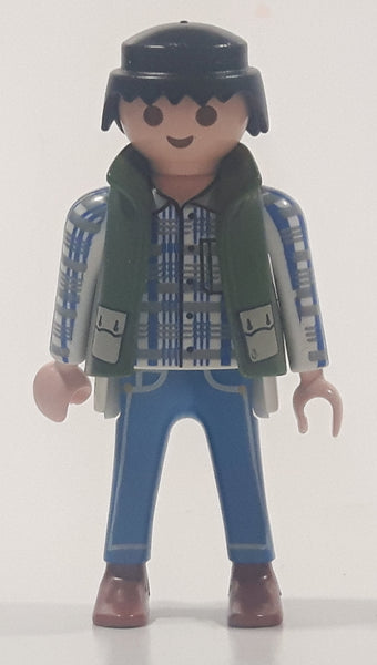 1994 Geobra Playmobil Black Hair Blue Pants White Blue and Grey Plaid Shirt with Olive Green Vest 2 3/4" Tall Toy Figure