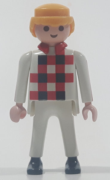 1990 Geobra Playmobil Blonde Hair White Pants White Black Red Plaid Shirt 2 3/4" Tall Toy Figure