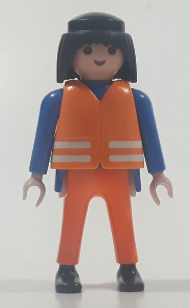 1990 Geobra Playmobil Black Hair Bright Orange Pants Blue Shirt Orange Vest 2 3/4" Tall Toy Figure