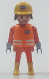1992 Geobra Playmobil Brunette Hair Bright Orange Pants and Shirt Orange Jacket and Yellow Hard Hat Cap Construction Worker 2 3/4" Tall Toy Figure