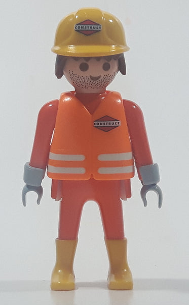 1992 Geobra Playmobil Brunette Hair Bright Orange Pants and Shirt Orange Jacket and Yellow Hard Hat Cap Construction Worker 2 3/4" Tall Toy Figure