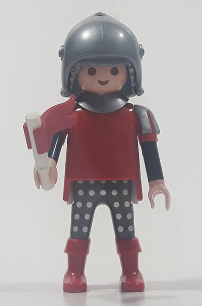 1993 Geobra Playmobil Grey Hair Armor Red Top Silver Helmet Medieval Soldier 2 3/4" Tall Toy Figure with Flag Accessory