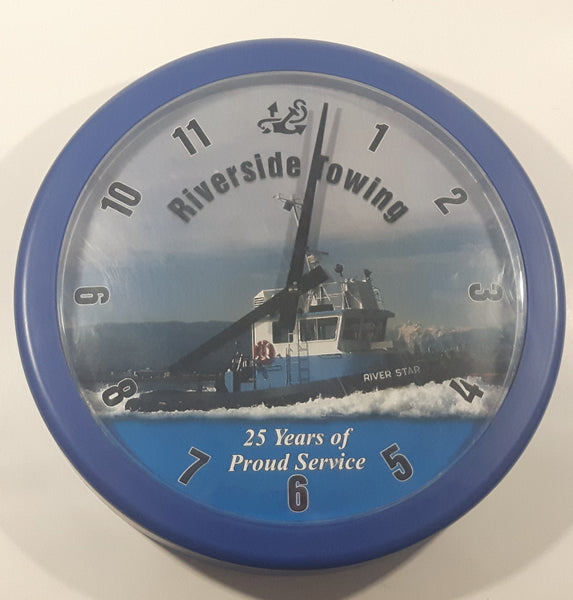 Riverside Towing 25 Years Of Proud Service River Star Tug Boat 14" Blue Plastic Wall Clock