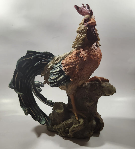 Rooster Chicken on Log 14" Tall Resin Sculpture