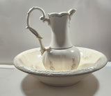 Vintage Blue and Pink Flower Gold Trimmed Embossed White Ceramic Jug Pitcher and Bowl