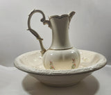 Vintage Blue and Pink Flower Gold Trimmed Embossed White Ceramic Jug Pitcher and Bowl