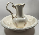 Vintage Blue and Pink Flower Gold Trimmed Embossed White Ceramic Jug Pitcher and Bowl