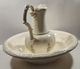 Vintage Blue and Pink Flower Gold Trimmed Embossed White Ceramic Jug Pitcher and Bowl