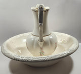 Vintage Blue and Pink Flower Gold Trimmed Embossed White Ceramic Jug Pitcher and Bowl