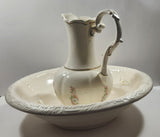 Vintage Blue and Pink Flower Gold Trimmed Embossed White Ceramic Jug Pitcher and Bowl