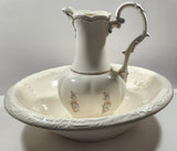 Vintage Blue and Pink Flower Gold Trimmed Embossed White Ceramic Jug Pitcher and Bowl