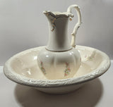 Vintage Blue and Pink Flower Gold Trimmed Embossed White Ceramic Jug Pitcher and Bowl