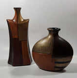 Vintage Mid Century Modern Geometric Brown Four Pattern 7" and 10" Bud Vases Set of 2
