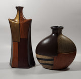 Vintage Mid Century Modern Geometric Brown Four Pattern 7" and 10" Bud Vases Set of 2