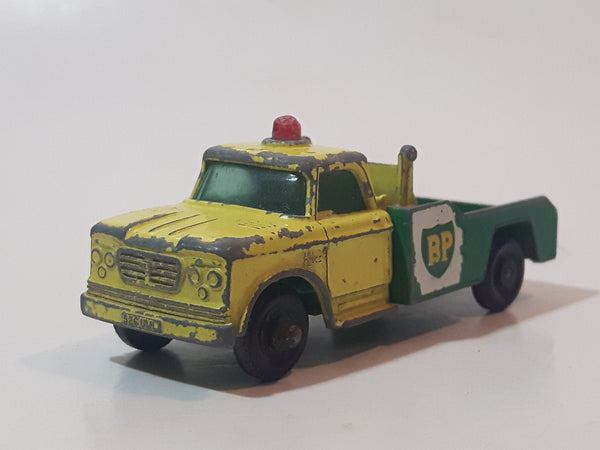 Vintage 1965 Lesney Matchbox Series No. 13 Dodge Wreck Truck BP British Petroleum Tow Truck Green Yellow Die Cast Toy Car Vehicle