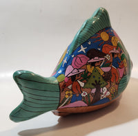 Vintage Talavera Style Tropical Fish with Hand Painted Scenes 10" Long Terracotta Sculpture