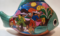 Vintage Talavera Style Tropical Fish with Hand Painted Scenes 10" Long Terracotta Sculpture