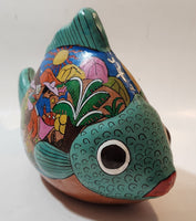 Vintage Talavera Style Tropical Fish with Hand Painted Scenes 10" Long Terracotta Sculpture