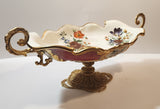 Vintage Flower Pattern 17 3/4" Center Bowl Dish with Brass Handles and Pedestal Base