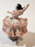 Vintage Crown 'D' Original Dresden Ballerina 3 3/4" Pink and White Lace Porcelain Dressed Figurine