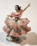 Vintage Crown 'D' Original Dresden Ballerina 3 3/4" Pink and White Lace Porcelain Dressed Figurine