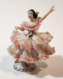 Vintage Crown 'D' Original Dresden Ballerina 3 3/4" Pink and White Lace Porcelain Dressed Figurine