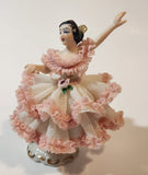 Vintage Crown 'D' Original Dresden Ballerina 3 3/4" Pink and White Lace Porcelain Dressed Figurine
