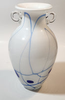 White with Blue Lines and Oval Spots Clear Glass Handles 9 3/4" Tall Art Glass Amphora Vase