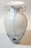 White with Blue Lines and Oval Spots Clear Glass Handles 9 3/4" Tall Art Glass Amphora Vase