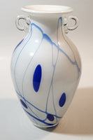 White with Blue Lines and Oval Spots Clear Glass Handles 9 3/4" Tall Art Glass Amphora Vase