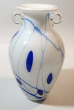 White with Blue Lines and Oval Spots Clear Glass Handles 9 3/4" Tall Art Glass Amphora Vase
