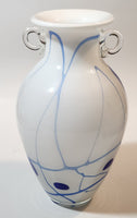 White with Blue Lines and Oval Spots Clear Glass Handles 9 3/4" Tall Art Glass Amphora Vase