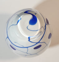 White with Blue Lines and Oval Spots Clear Glass Handles 9 3/4" Tall Art Glass Amphora Vase